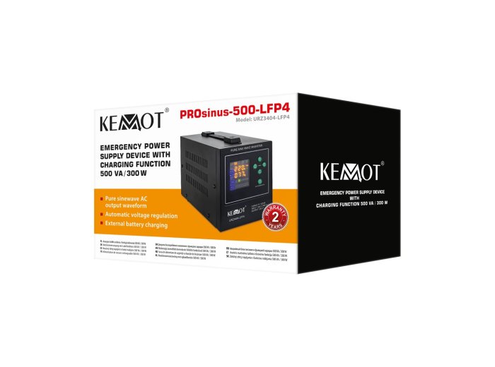 Zasilacz awaryjny KEMOT PROsinus-500-LiFePo4 przetwornica z czystym przebiegiem sinusoidalnym i funkcją ładowania 12V 230V 500VA/300W