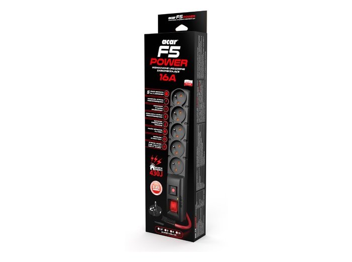 Listwa zasilająca F5 Power 1.5m 16A (5 gniazd) Czarna