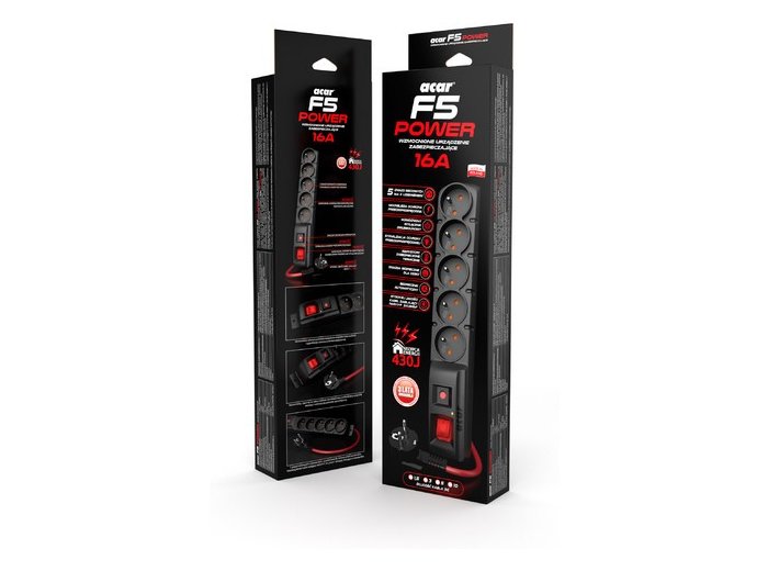 Listwa zasilająca F5 Power 1.5m 16A (5 gniazd) Czarna