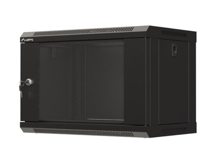 Szafa instalacyjna rack wisząca 19" 6U 540x350 czarna drzwi przeszklone ( flat pack)