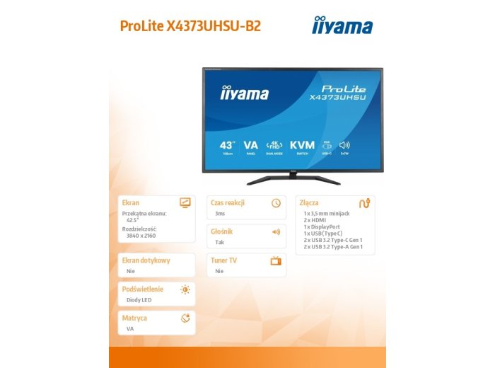 Monitor 43 cale X4373UHSU-B2 4K,VA,2xHDMI,DP,USBCdock (PD95W),       4000:1, USB HUB x4 (2x Type-A, 2x Type-C), KVM, 2 x 7W,450 cd/m2