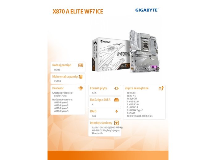 Płyta główna X870 A ELITE WF7 ICE AM 5 4DDR5 HDMI/USB-C ATX