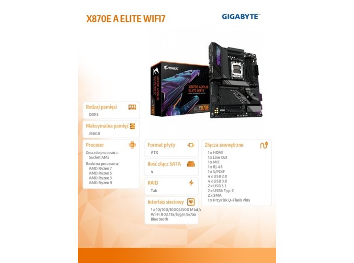 Płyta główna X870E A ELITE WIFI7 AM5 4DDR5 HDMI/USB-C ATX