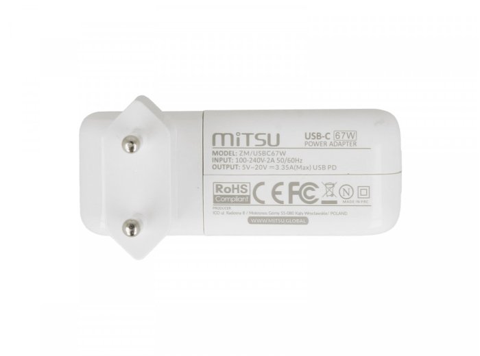 Zasilacz ładowarka do laptopa 67W USB-C 5V-9V-12V-15V/3A, 20V/3.35A PD