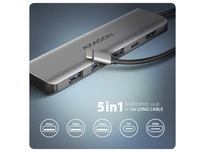 Axagon HMC-5H USB-C 3.2 Gen 1 hub 3x USB-A 4K HDMI PD 100W - Silber Przewodowa USB 3.2 Gen 1 (3.1 Gen 1) Type-C Srebrny