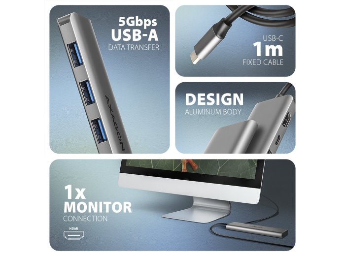 Axagon HMC-5H USB-C 3.2 Gen 1 hub 3x USB-A 4K HDMI PD 100W - Silber Przewodowa USB 3.2 Gen 1 (3.1 Gen 1) Type-C Srebrny
