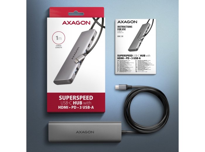 Axagon HMC-5H USB-C 3.2 Gen 1 hub 3x USB-A 4K HDMI PD 100W - Silber Przewodowa USB 3.2 Gen 1 (3.1 Gen 1) Type-C Srebrny