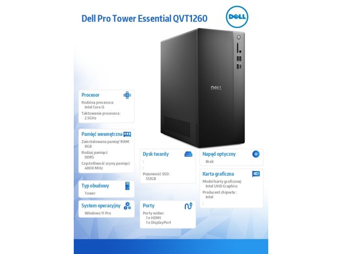 Komputer Dell Pro Tower Essential QVT1260 Win11Pro i5-14400/8GB/512GB SSD/Intel UHD 730/WLAN+BT/Kb/Mouse/3YPS