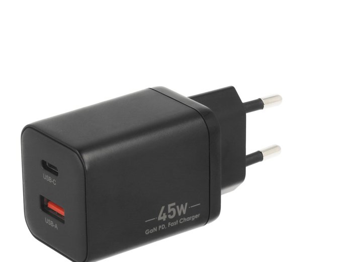 Ładowarka GaN 45W USB-C PD + USB-A (czarna)