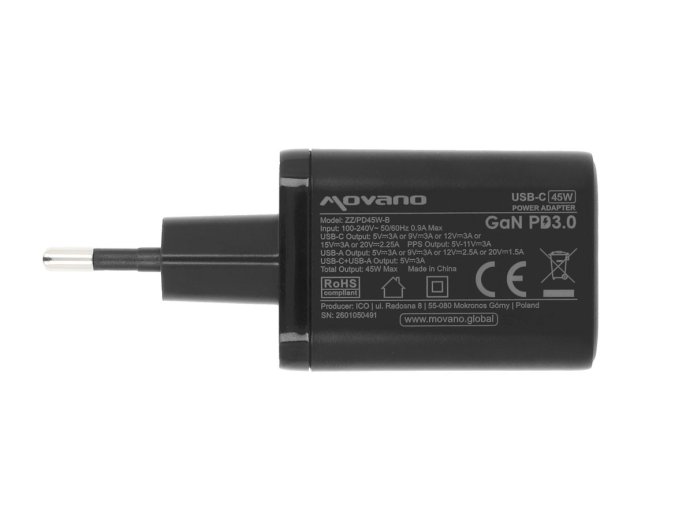 Ładowarka GaN 45W USB-C PD + USB-A (czarna)
