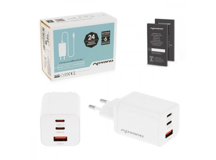 Ładowarka GaN 65W 2x USB-C PD + USB-A (biała)
