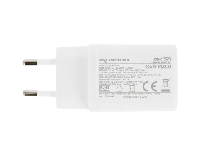 Ładowarka GaN 65W 2x USB-C PD + USB-A (biała)