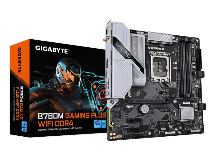 Płyta główna Gigabyte B760M GAMING PLUS WIFI DDR4 (wersja 1.0) | Rodzina procesorów Intel | Gniazdo procesora LGA1700 | Pamięć DDR4 | Obsługiwane interfejsy dysków twardych SATA, M.2 | Ilość złączy SATA: 4