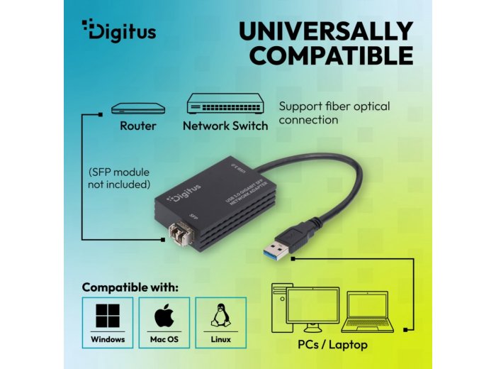 Karta sieciowa USB 3.0 typ A na Gigabit SFP, adapter światłowodowy 1000 Mb/s, moduł SFP sprzedawany osobno