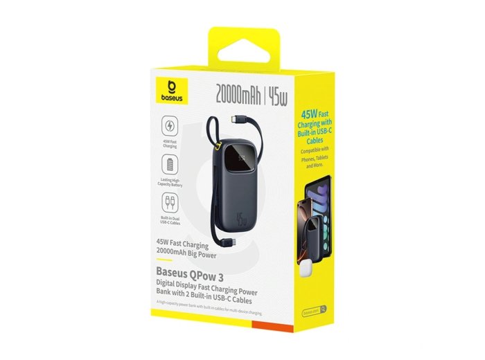 Baseus EnerFill FC31 Powerbank z wyświetlaczem cyfrowym z 2 wbudowanymi kablami USB-C 20000mAh 45W Czarny