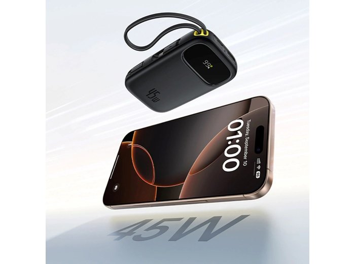 Baseus EnerFill FC31 Powerbank z wyświetlaczem cyfrowym z 2 wbudowanymi kablami USB-C 20000mAh 45W Czarny