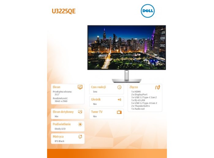 Monitor U3225QE 31,5 cala IPS Black LED 4K(3840x2160)/16:9/Thunderbolt/HDMI/DP/USB-C/USB/RJ-45/3Y