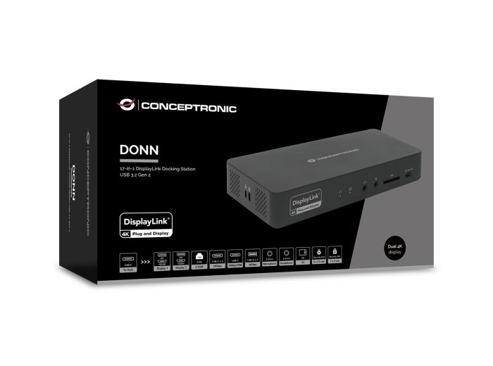 Stacja dokująca Conceptronic 17-1 USB-C->HDMI DP 4K/60Hz GbE USB-C bk