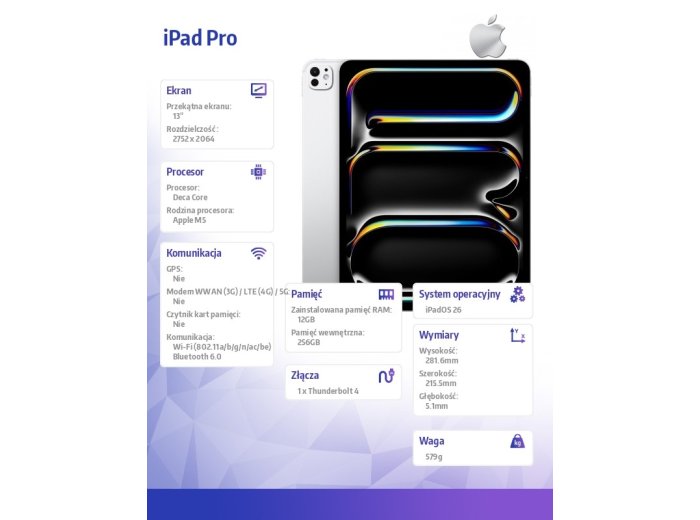 iPad Pro 13 cali Wi-Fi 256 GB ze standardowym szkłem - Srebrny