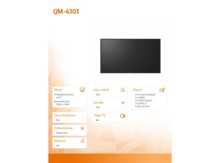 Monitor wielkoformatowy 43 cale QM-4303 4K VA UHD 24/7 500NIT