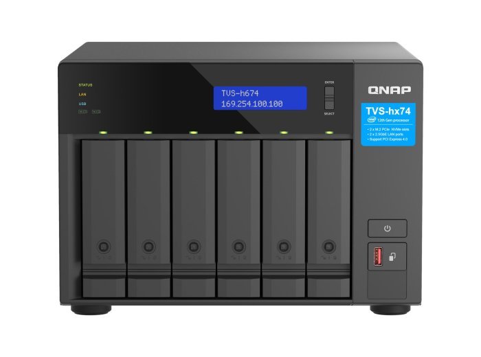Qnap TVS-h674-i5-32G, Tower, 6 x 2.5"/3.5" SATA, Intel Core i5-12400 6C/12T, 32GB DDR4 SODIMM (Max. 128GB), 2 x 2.5GbE, Single PSU, 250W