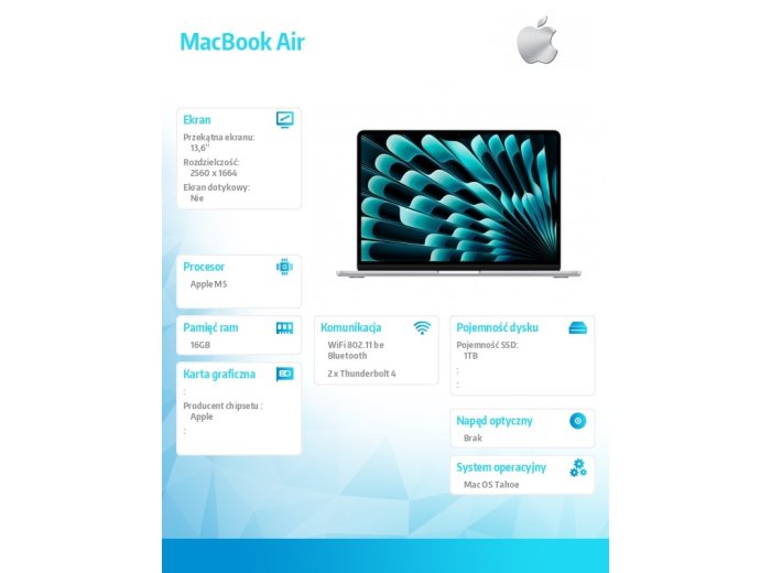MacBook Air 13.6 cala: M5 10/10, 16GB, 1TB SSD, bez zasilacza - Srebrny