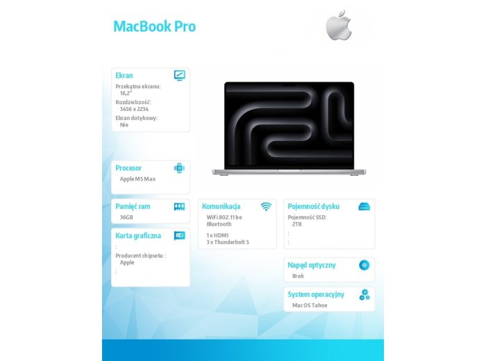 MacBook Pro 16.2 cala: M5 Max 18/32, 36GB, 2TB SSD, bez zasilacza - Srebrny
