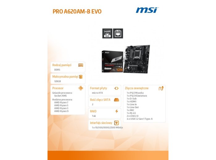 Płyta główna PRO A620AM-B EVO AM5 2DDR5 HDMI/VGA mATX