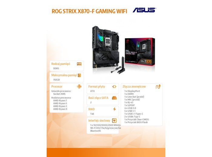 Płyta główna ROG STRIX X870-F GAMING WIFI 4DDR5 HDMI/USB-C/DP