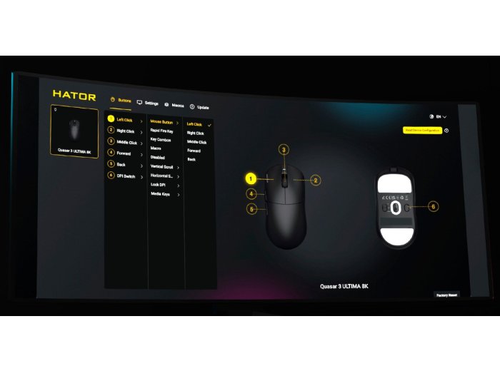 HATOR Quasar 3 Ultima 8K Wireless myszka Gaming Po prawej stronie RF Wireless + Bluetooth + USB Type-C Optyczny 30000 DPI