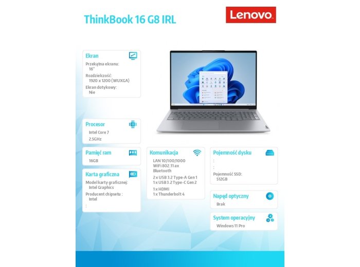 Laptop ThinkBook 16 G8 21SH00A4PB W11Pro Intel 7 240H/16GB/512GB/INT/16 cali WUXGA/Luna Grey/3YRS OS + CO2 Offset