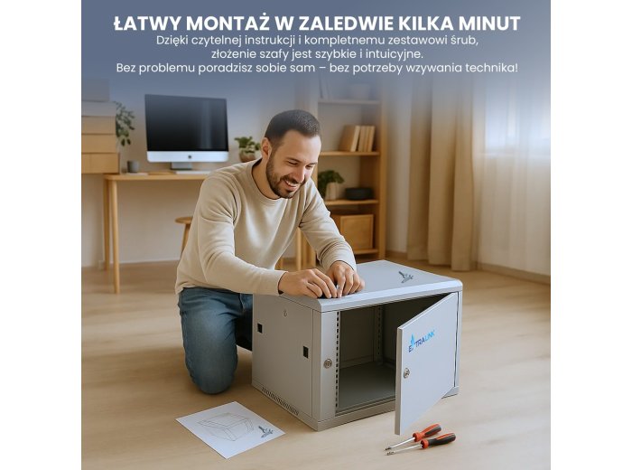 Extralink Szafa rack 6U 600x600 ASP Szara montowana na ścianie, drzwi blaszane pełne