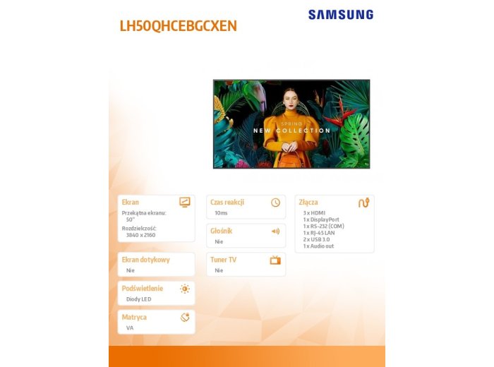 Monitor profesjonalny QH50C 50 cali Matowy 24h/7 700(cd/m2) 3840 x 2160 (UHD) S10 Player (Tizen 7) WiFi/BT 3 lata On-Site (LH50QHCEBGCXEN)