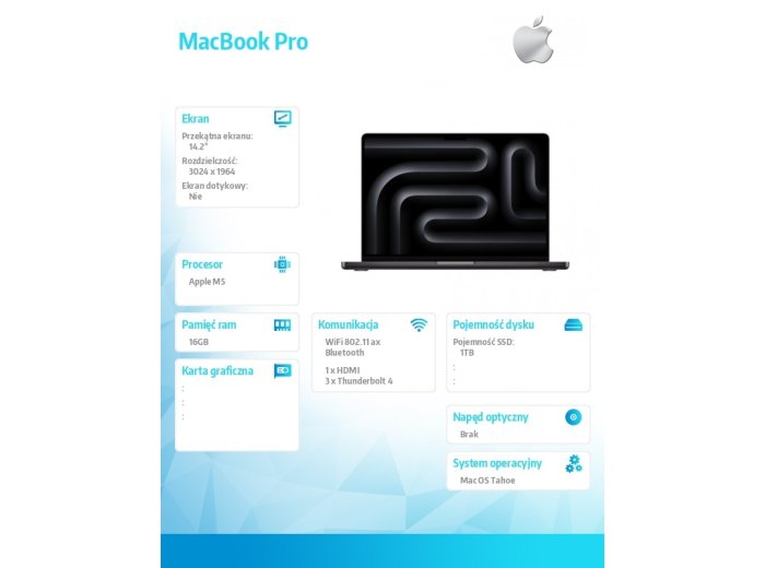 MacBook Pro 14.2 cala: M5 10C/10C, 16GB, 1TB SSD - Gwiezdna czerń
