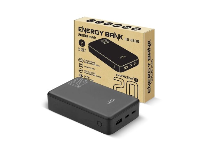EVERACTIVE POWERBANK 20 000MAH, 1X USB, 2X USB-C, 20W, QC4+, WYŚWIETLACZ LCD, CZARNY EB-22QB