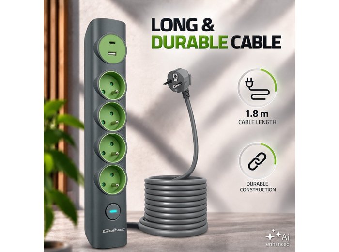 Listwa zasilająca z podświetlanym włącznikiem | 4gniazda z uziemieniem | 1xUSB-C 15W | 1xUSB 12W | 1.8m