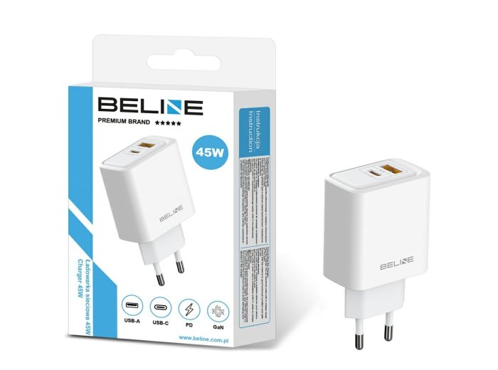Ładowarka sieciowa 45W USB-A/USB-C GaN PD biała