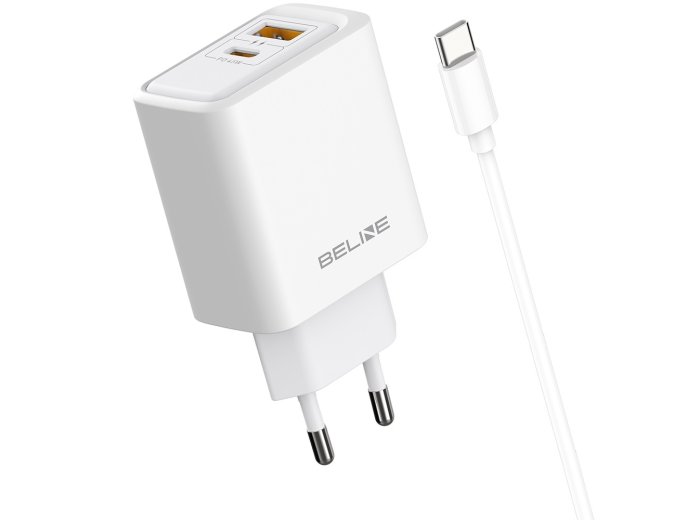 Ładowarka sieciowa 45W USB-A/USB-C z kablem GaN PD biała