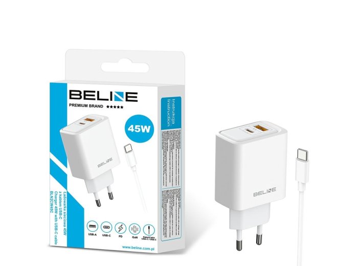 Ładowarka sieciowa 45W USB-A/USB-C z kablem GaN PD biała