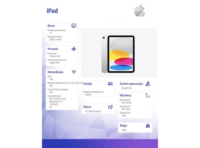 iPad WiFi + Cellular 11 cali 128GB Srebrny