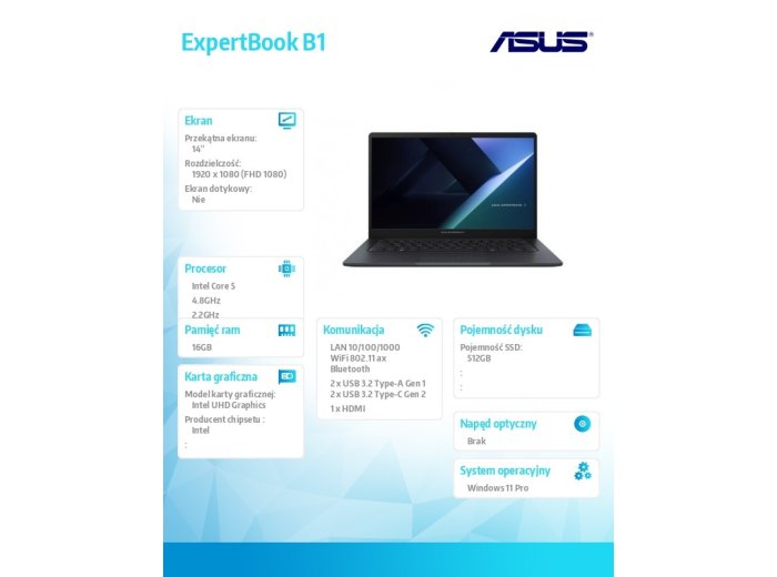 Laptop ExpertBook B1 B1403CVA-S67343X - Core 5 210H/16GB/512GB/14" FHD/Win 11 PRO/3YRS
