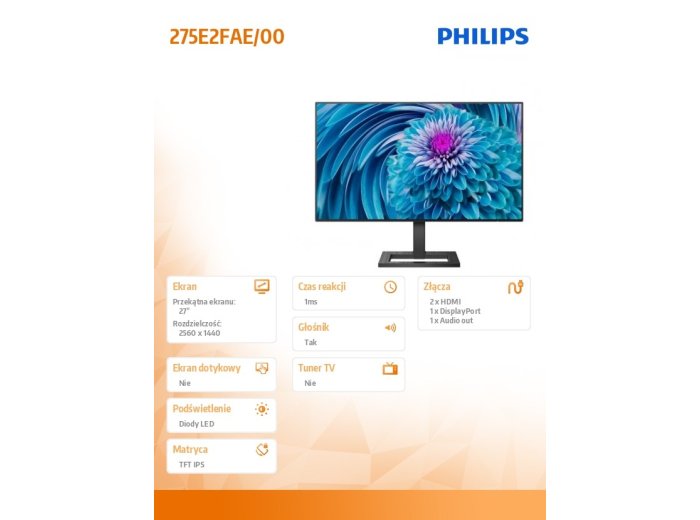 Monitor 275E2FAE 27 cali IPS HDMIx2 DP Głośniki HAS