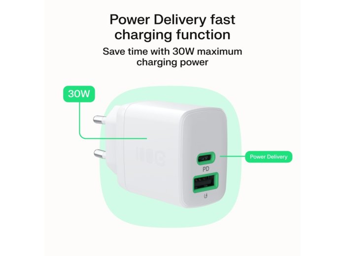 Ładowarka sieciowa 30W 1xUSB-C 1xUSB-A biała