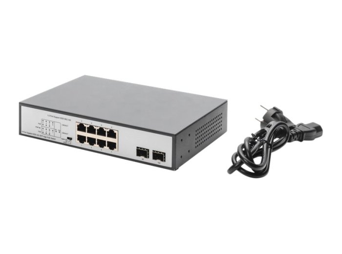 Digitus Przełącznik sieciowy niezarządzalny desktop 8x RJ45 Gb/s (w tym 6xPoE)+ 2x SFP, PoE++ max budżet 180W