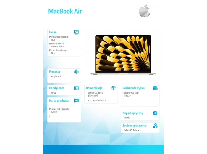 MacBook Air 15.3 cala: M5 10/10, 16GB, 512GB SSD, bez zasilacza - Księżycowa poświata