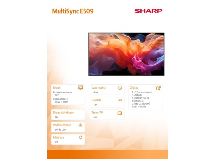 Monitor wielkoformatowy MultiSync E509 50 cali UHD 16/7 350cd/m2