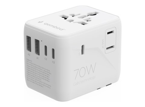 Gembird TPA-2A3C70-01-W Uniwersalny adapter podróżny 70 W, biały