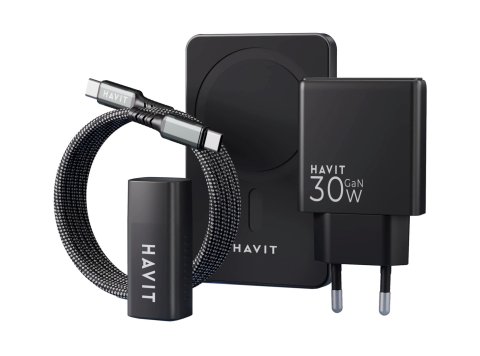 Zestaw do ładowania Havit: Power Bank PB5216 5000 mAh, magnetyczny kabel USB-C do USB-C i ultra cienka ładowarka UC128 o mocy 30W (porty A+C)