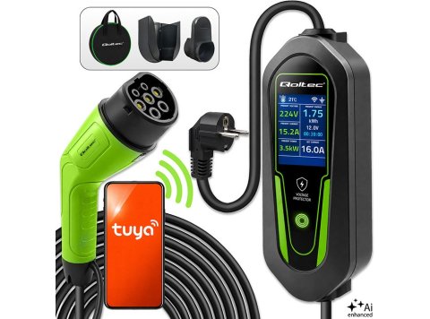 Qoltec Ładowarka do samochodu elektrycznego EV i hybryd z regulacją 2w1 Typ2 | 3.5kW | 230V | SCHUKO 16A | Wi-Fi | Tuya | Smart life | LCD | Certyfikat TÜV | 5m