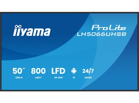 iiyama LH5066UHSB-B1AG signage display Płaski panel Digital Signage 127 cm (50") LCD Wi-Fi 800 cd/m2 4K Ultra HD Czarny Procesor wbudowany Android 24/7